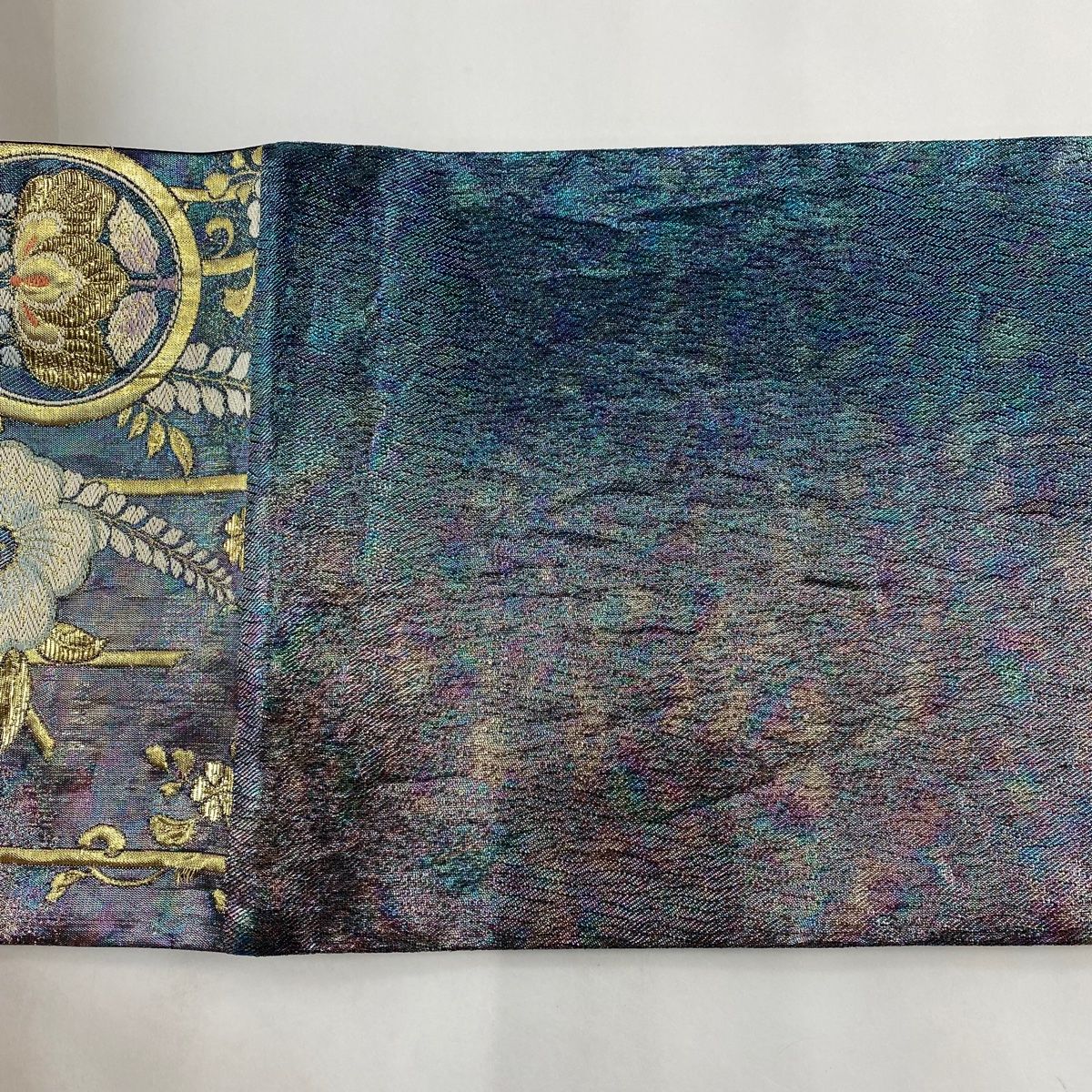 袋帯 菊柄 正絹 六通柄 美品 袋帯 美品 秀品 扇面 菊 唐織 箔 金色 六通 正絹 中古