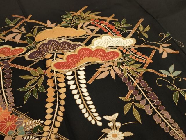 平和屋着物□豪華黒留袖 駒刺繍 蔦の葉熨斗松文 金彩 正絹