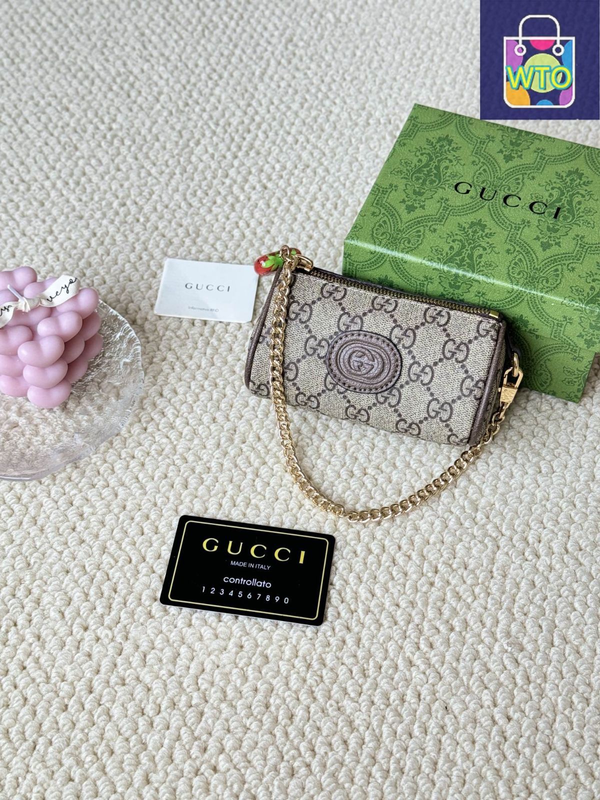 今日 GUCCI レディース ベージュ|エボニー キャンバス ストロベリージップコインケース | ♥品 -WT0輸入