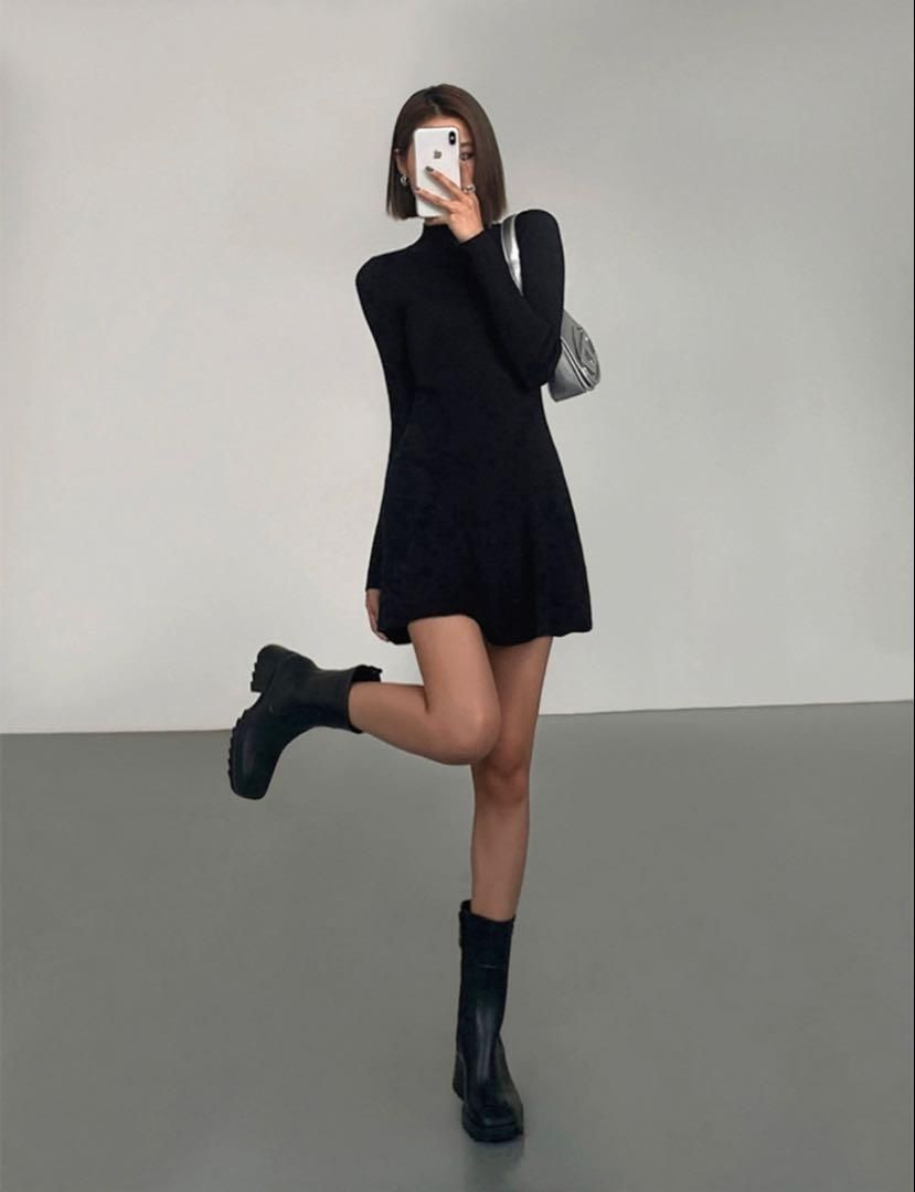 春コーデ タイトミニワンピース ニットロングスリーブドレス 清楚セクシー