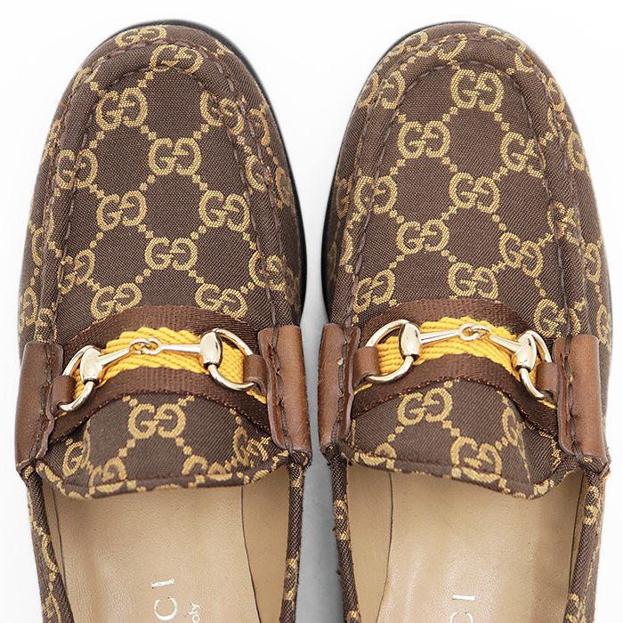 GUCCI グッチ ローファー シグネチャー ロゴ GG モノグラム キャンバス ホースビット レザーソール 革靴 シューズ レディース サイズ 36C ブラウン 茶色 総柄 イタリア製 KIN-KAAI_COM