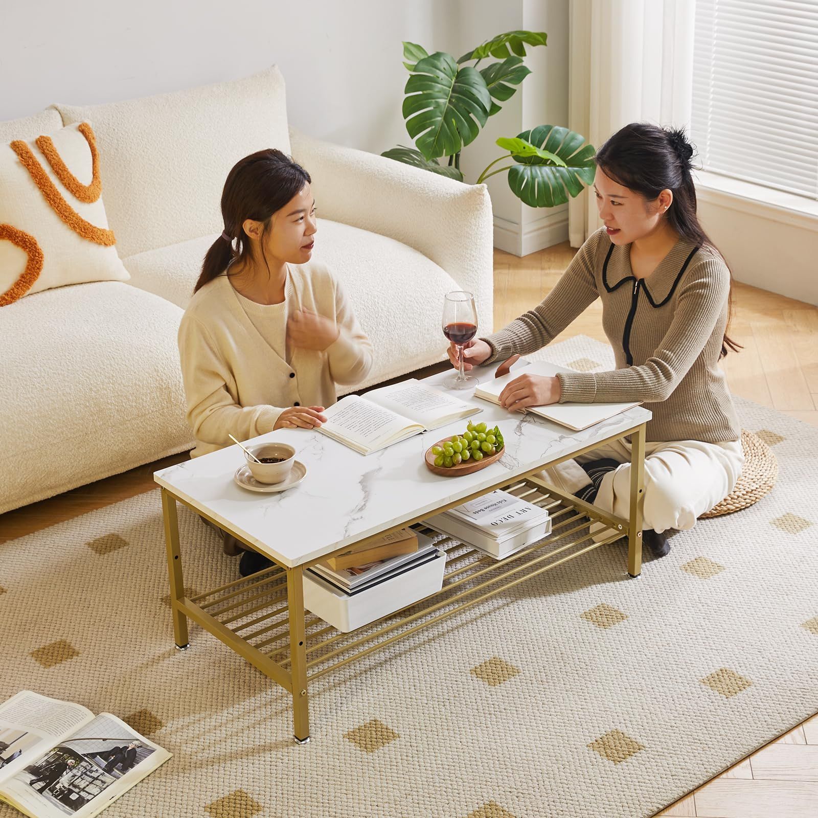 Aibiju ローテーブル テーブル 一人暮らし チャブ台 机 低い 90x45x38cm リビングテーブル センターテーブル おしゃれ 収納付き 高さ調節 大理石風 ゴールド YD-TM001G