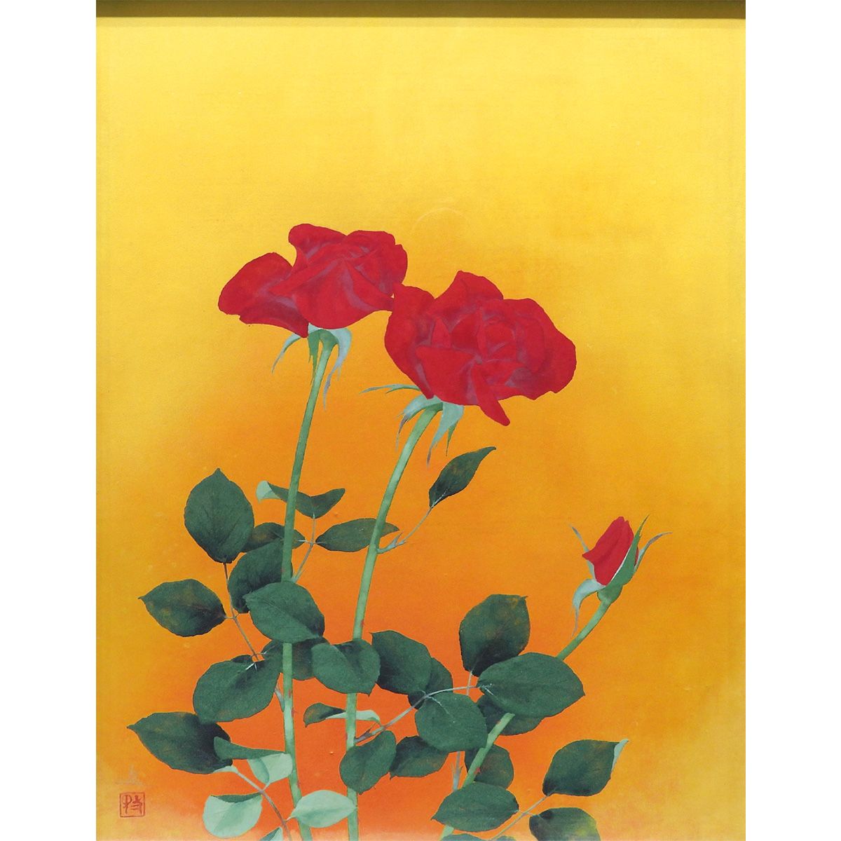 牧進 紅薔薇 紙本彩色10号 静物画 共シール 解説あり 花