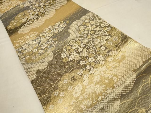 平和屋着物▽六通柄袋帯 雲重ね花鳥文 金糸 正絹 逸品