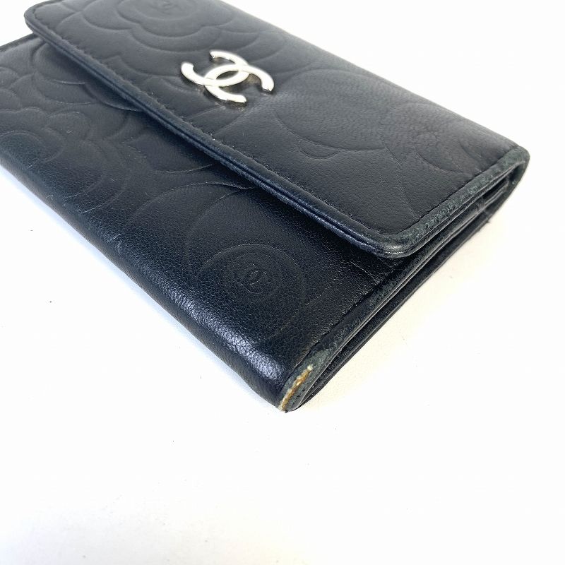 極美品 CHANEL レザー カードケース マトラッセ カメリア ブラック シャネルチェーンフラップカードケース カメリア 42976 黒