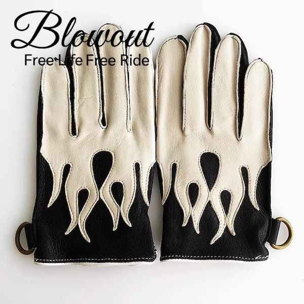 冬用 各色あり Blowout フレイムス レザーグローブ フリース 本革 皮 鹿皮 ディアスキン 手袋 ハーレー バイカー チョッパー ファイヤー ウインター 秋冬
