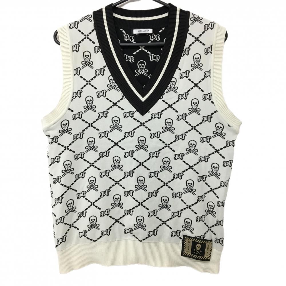 マークアンドロナ ニットベスト 白×黒 スカル総柄 Vネック メンズ 46 M ゴルフウェア MARK＆LONA