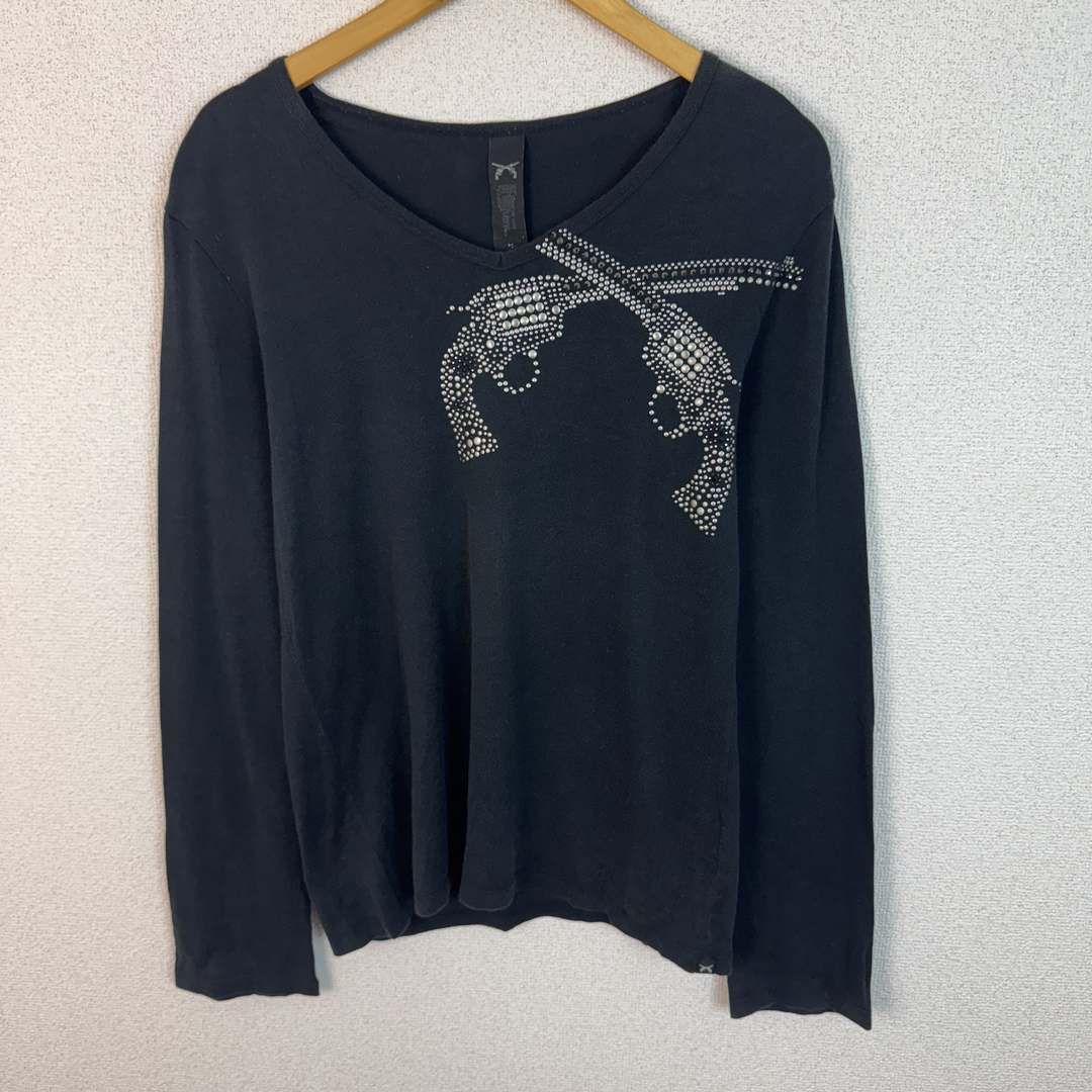roar ロアー Vネック 長袖Tシャツ ラインストーン 二丁拳銃 ブラック