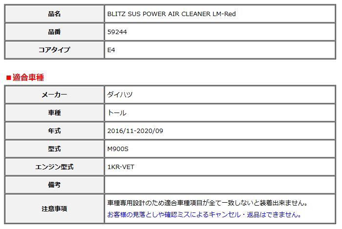 BLITZ ブリッツ コアタイプ サスパワー エアクリーナー LM-Red トール M900S 2016 11-2020 09 59244
