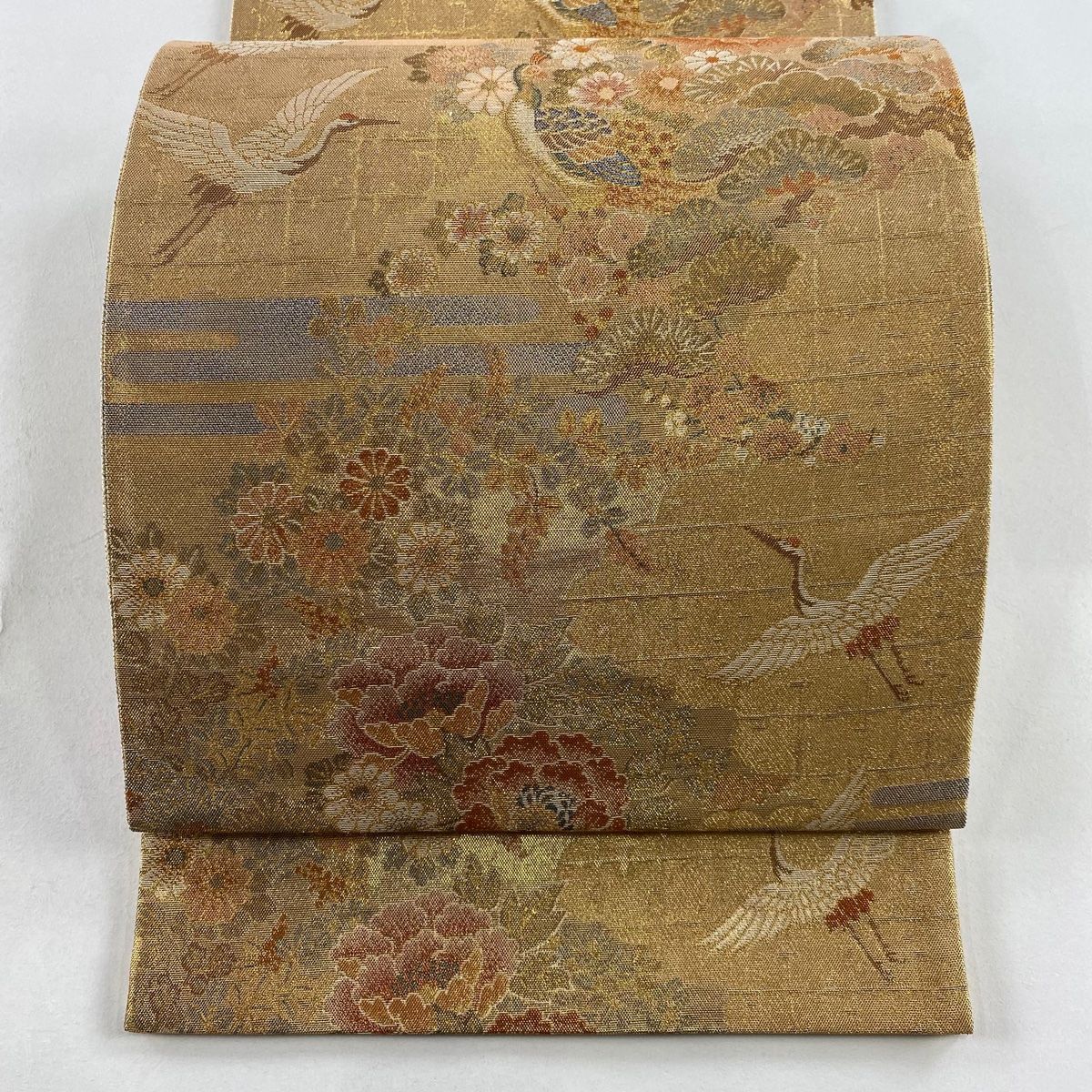 袋帯 秀品 花鳥 松竹梅 箔 金色 六通 正絹