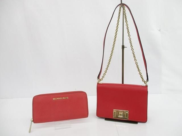 優 フルラ マイケルコース 長財布 チェーンショルダーバッグ|ポシェット 2点 レッド ピンク系 レディース