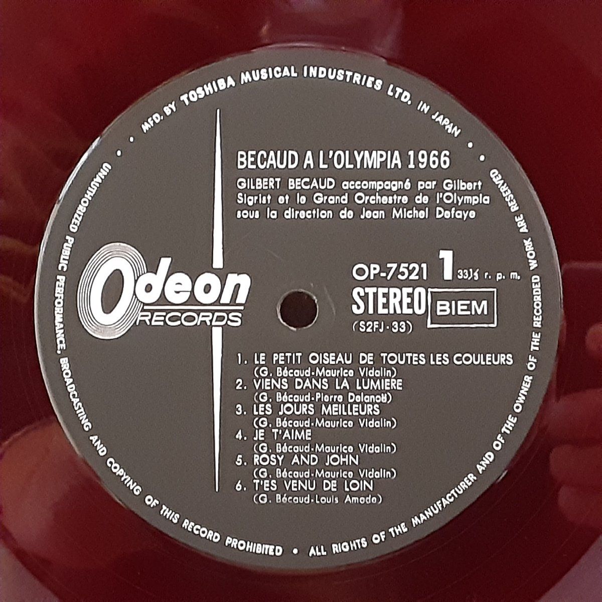 ☆赤盤/ペラジャケ◇ジルベール・ベコー/オランピア劇場のベコー '66