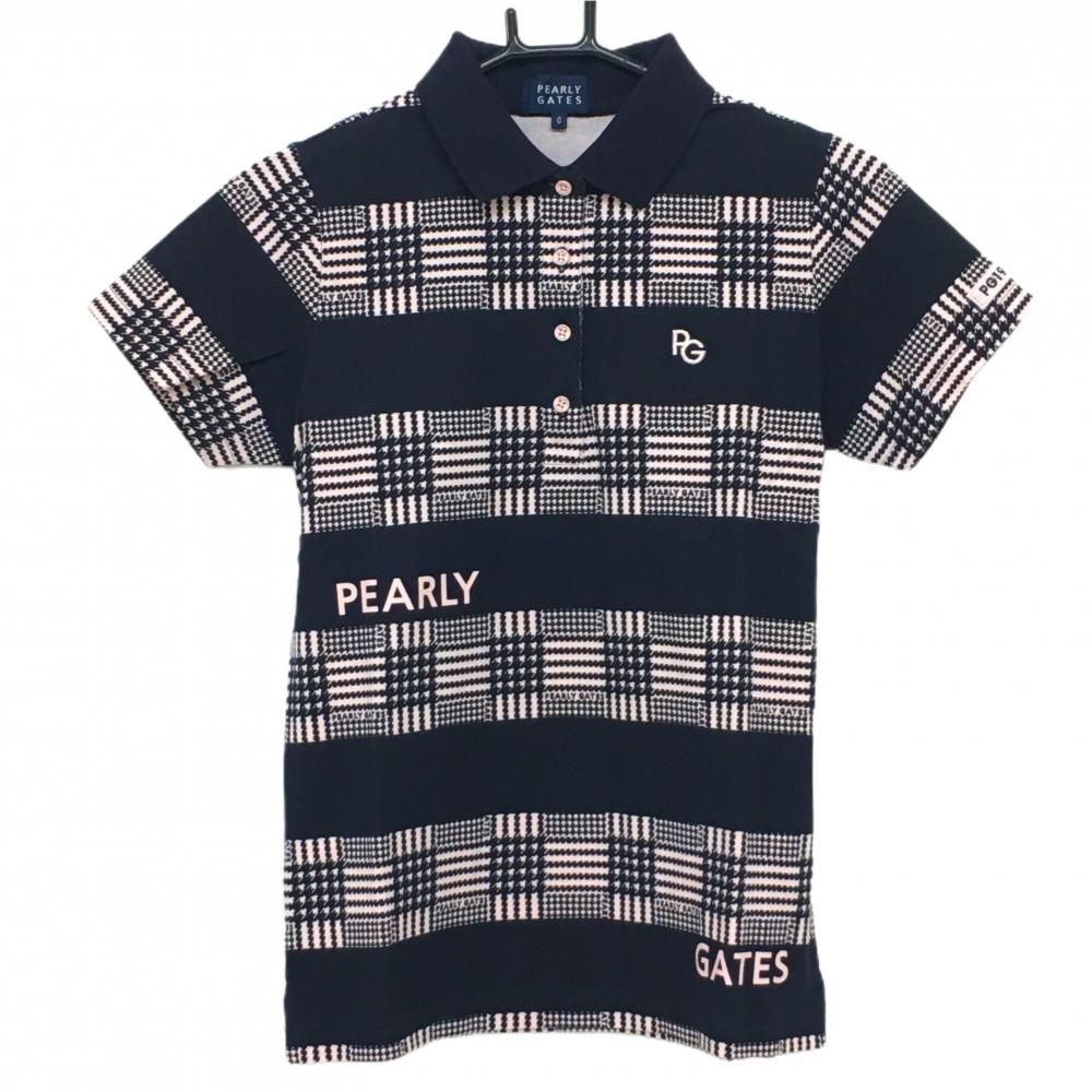 PEARLY GATES - 【超美品】パーリーゲイツ 半袖ポロシャツ ピンク×黒 ボーダー 千鳥格子 レディース 0(S) ゴルフウェア PEARLY GATES 超美品】パーリーゲイツ 半袖ポロシャツ ピンク×黒 ボーダー