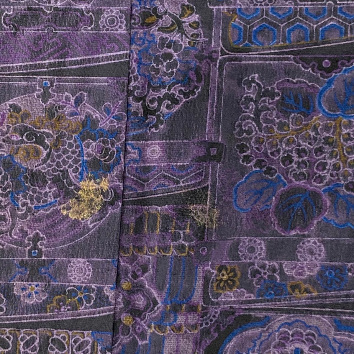 小紋 身丈168cm 裄丈68.5cm L 袷 前田仁仙 落款 華文 花鳥 紫 正絹  