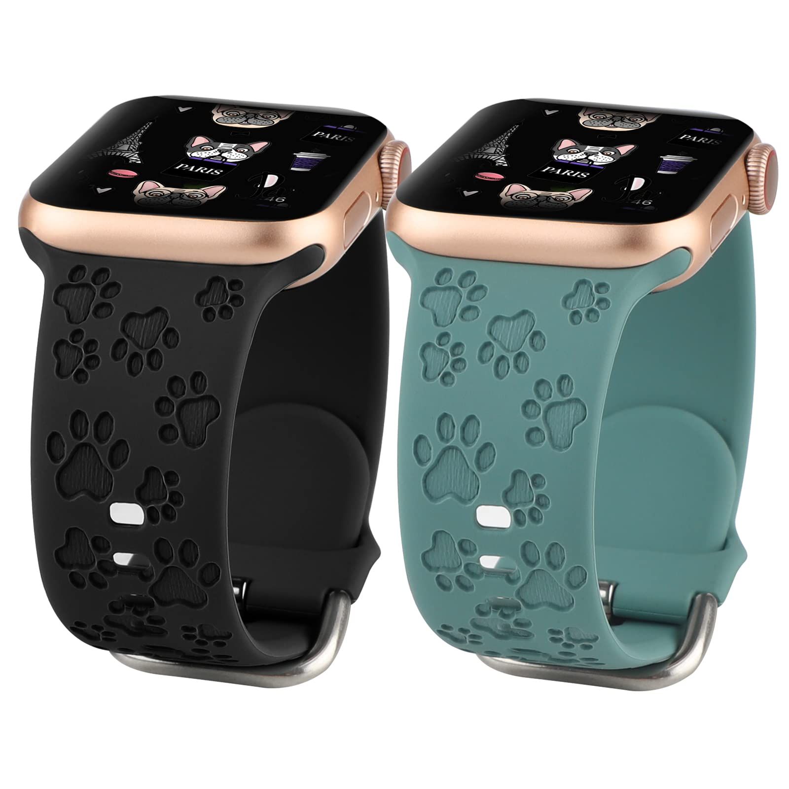 犬の足跡が刻印されたデザインスポーツバンド Apple Watch iWatch用バンド 40mm 38mm 41mmに対応 Animal Love Paw Print レーザーソフトシリコンストラップ iWatch Serie [ブラック+パイングリーン。]
