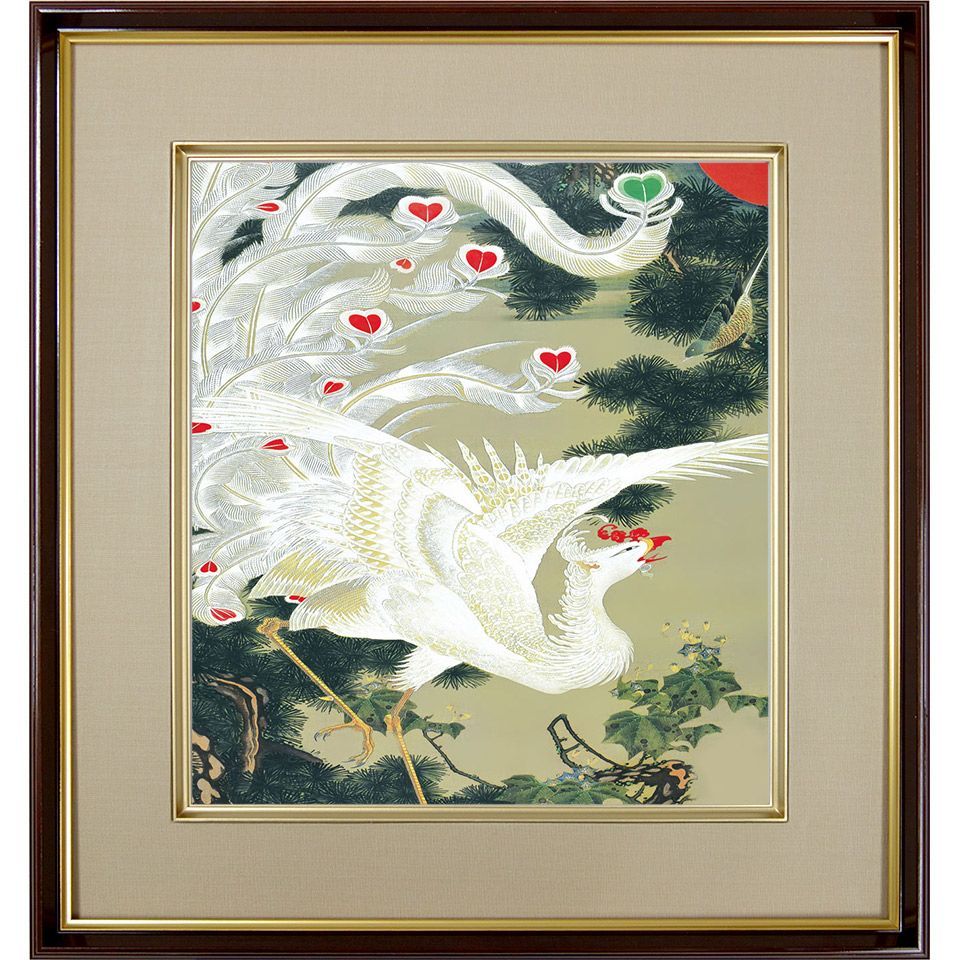 伊藤若冲「老松白鳳図」複製画 額入り 色紙額 特殊工芸画 若冲動 伊藤若冲「老松白鳳図」複製画 額入り 色紙額 特殊工芸画 若冲動