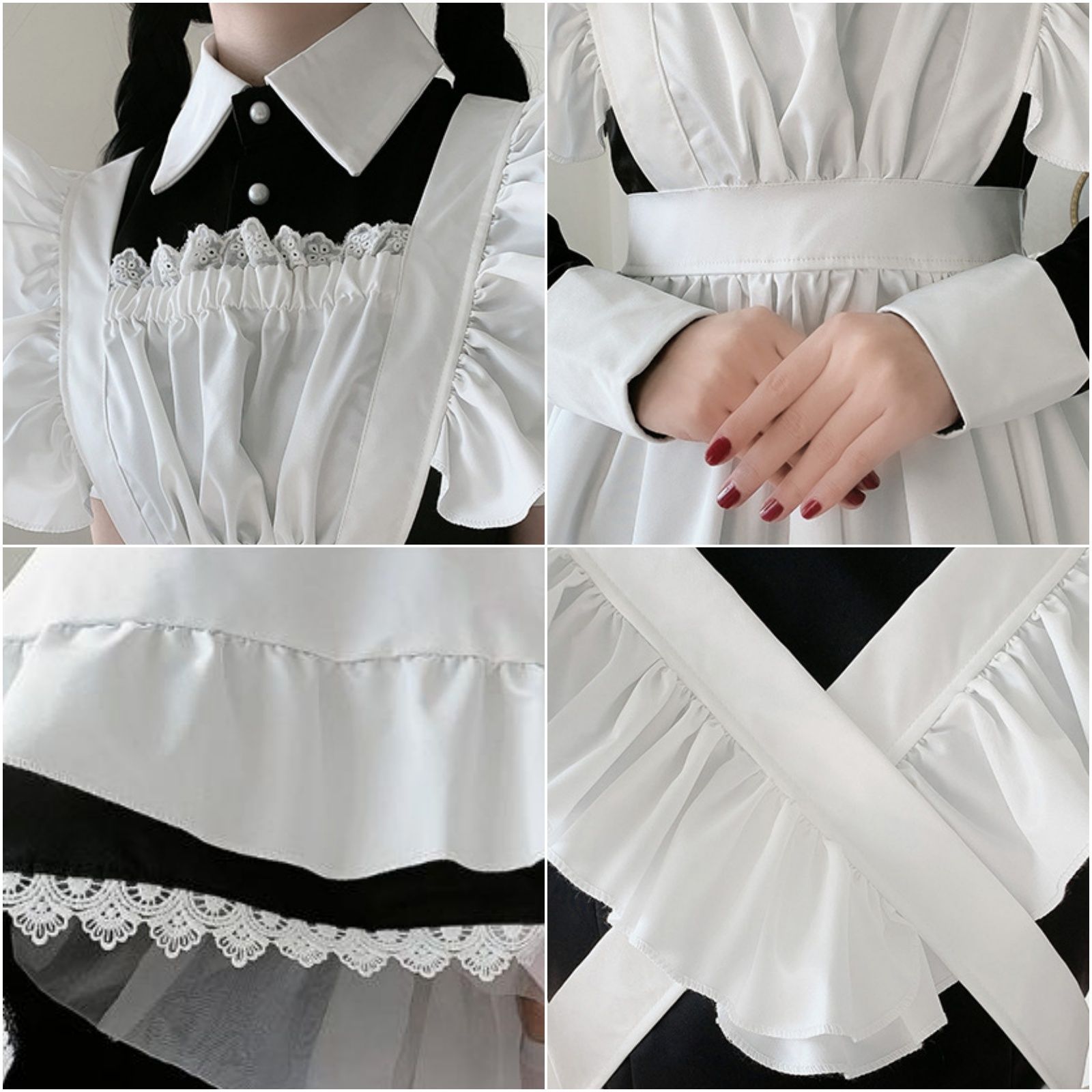 メイド服 3点セット 長袖 ロング丈 ワンピース エプロン カチューシャ 