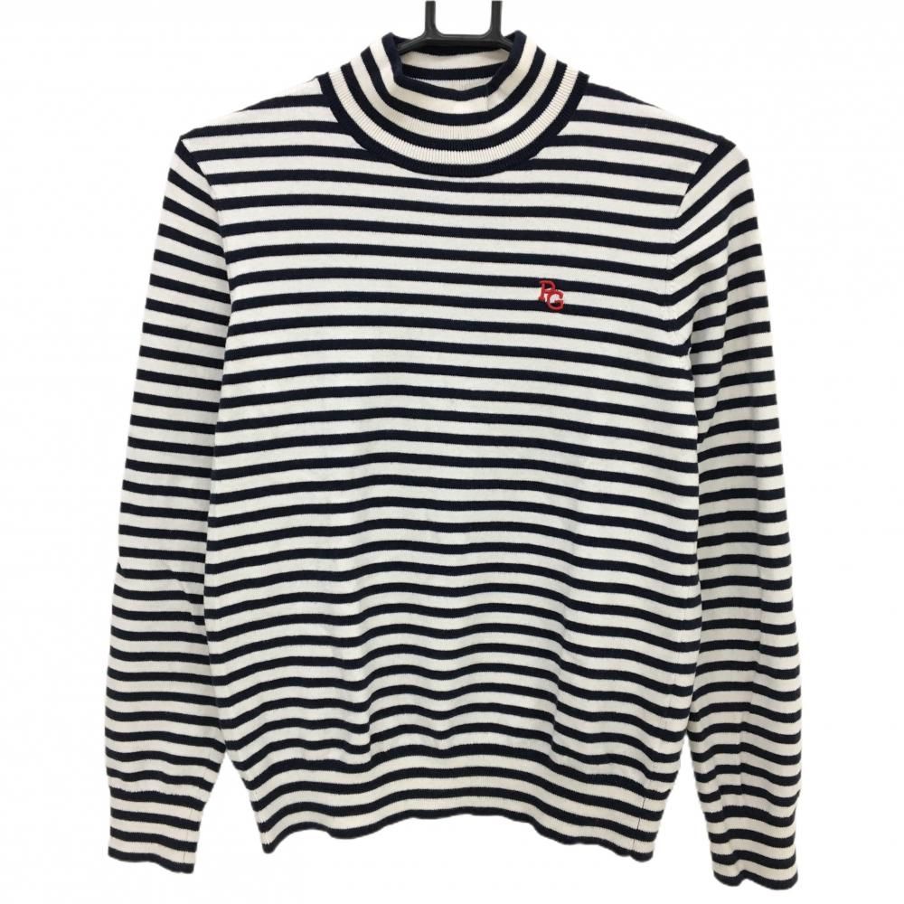 PEARLY GATES - 【美品】パーリーゲイツ ハイネックセーター 白×ネイビー ボーダー コットン混 ニット レディース 1(Ｍ) ゴルフウェア PEARLY GATES 美品】パーリーゲイツ ハイネックセーター 白×ネイビー ボーダー