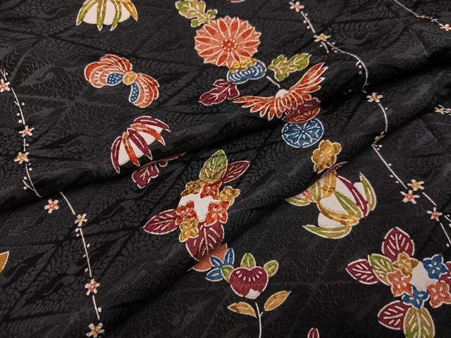 平和屋着物●上質な小紋 型染め 草花文 黒地 正絹 AABB5139ph