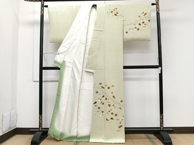 平和屋着物○訪問着 紬地 手描き 玉蟲 草花文 金銀彩 正絹 逸品