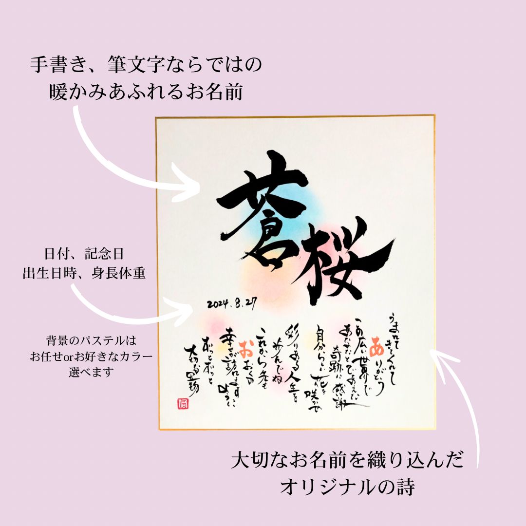 お名前アート】 筆文字 ポエム 手書き はがきsize 命名書 出産祝