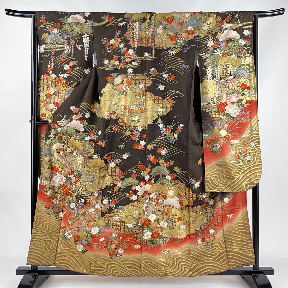 振袖 身丈159cm 裄丈64.5cm M 袷 御所車 松竹梅 金糸 金彩 焦