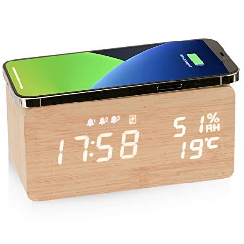 竹色 Electime 目覚まし時計 置き時計 スマホ充電 デジタル 多機能 木目 卓上 Qiワイヤレス充電器 スヌーズ 温度湿度アラーム 自動輝度調節 自動調光 おしゃれ USB給電 アラームクロック 技適Qi