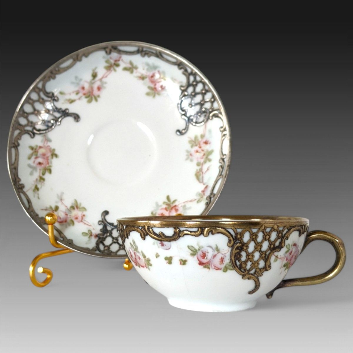 フランス リモージュ CFH GDM 薔薇文 シルバーオーバーレイ カップ＆ソーサー アールヌーヴォー アンティーク 409_923r