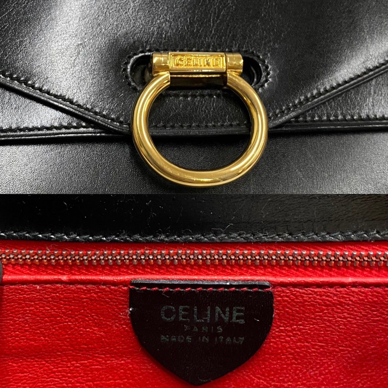 極美品 袋付 CELINE セリーヌ ヴィンテージ ロゴ 金具 カーフ レザー 
