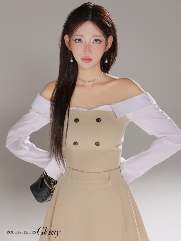 ベージュ GL4324-BE-2508 XSサイズあり Glossy グロッシー シャツオフショルデザイン フロントボタン フ セットアップ ミニドレス キャバドレス SOLUCOESUFV_COM_BR