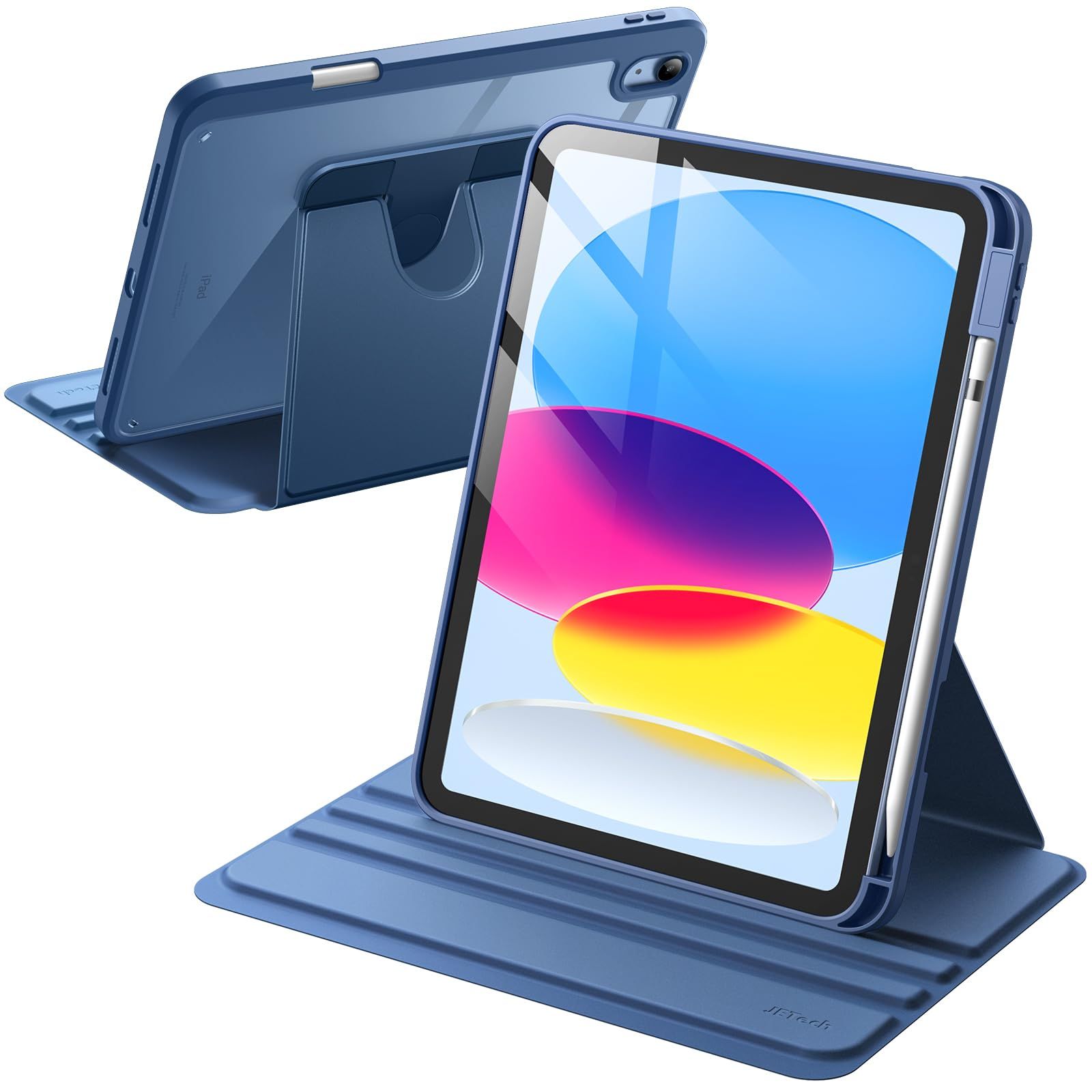 【数量限定】JEDirect 回転ケース iPad 10用 (10.9インチ、2022モデル、第10世代) Pencilホルダー付き 360回転保護 スタンドカバー クリアバック 自動ウェイク/スリープ (紺)