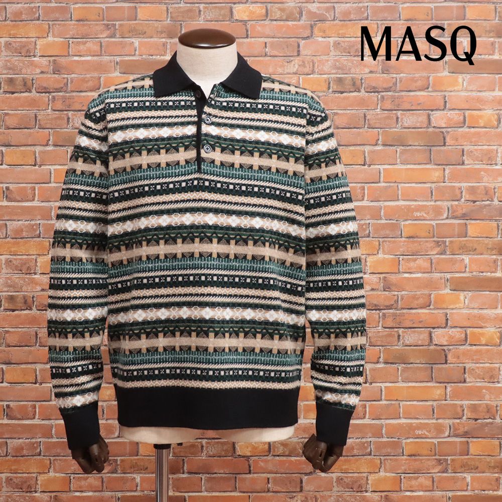 25秋冬 MASQ 50サイズ ニットポロシャツ M5625-7031 イタリア製 長袖 フェアアイル柄 メリノウール ジャカード 今期 メンズ 紳士 マスク ベージュ×グリーン mc387