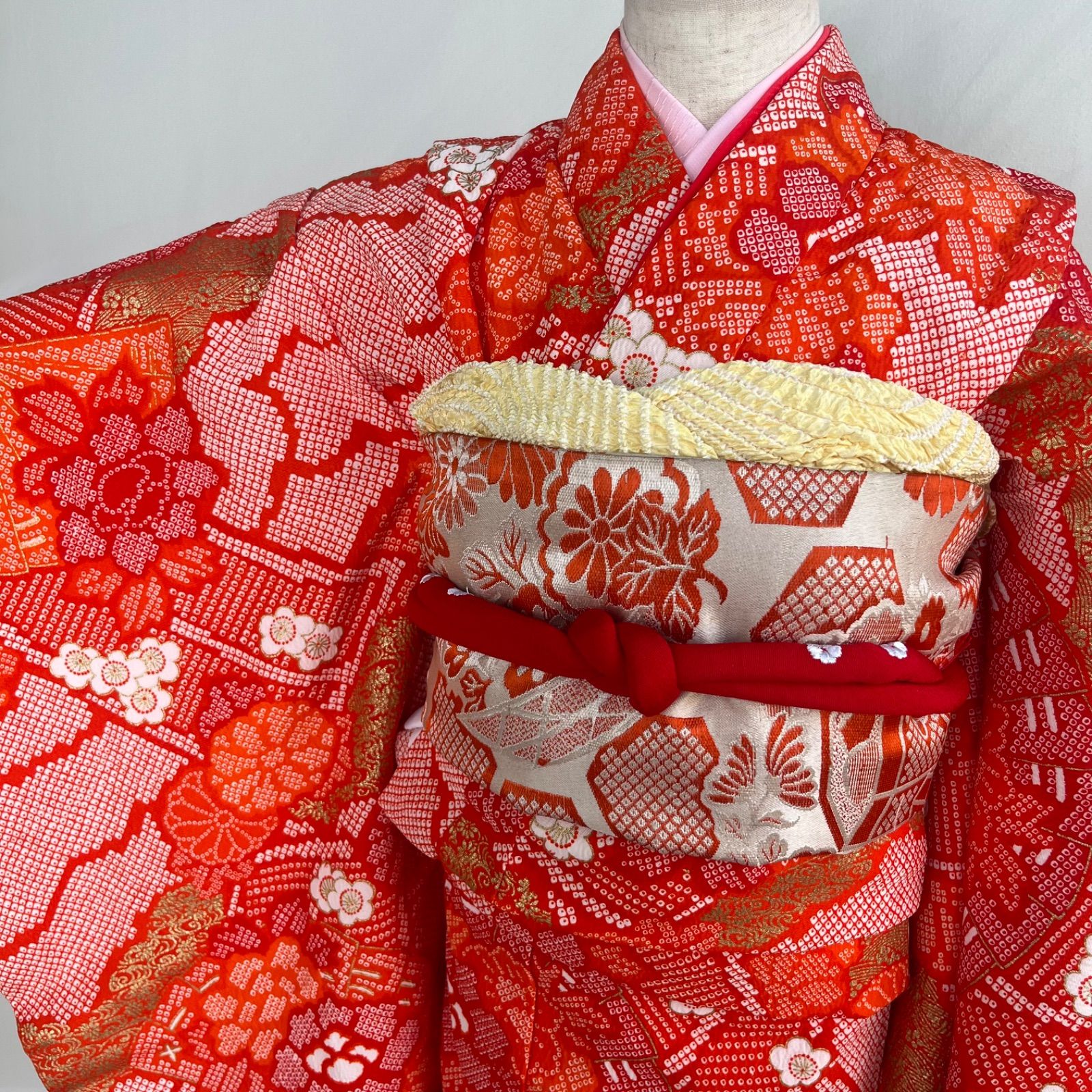 七五三　7歳　四つ身　子供着物　作り帯　女の子　長襦袢　フルセット　オレンジ 美品】七五三 7歳女の子 着物 四つ身 オレンジ 長襦袢 帯セット 帯揚げ