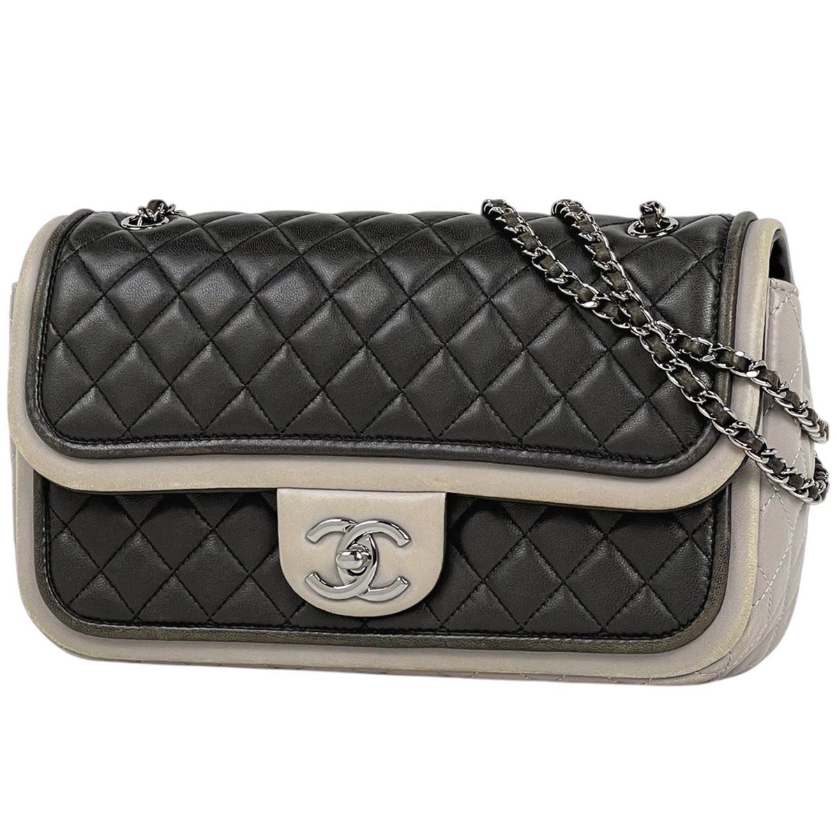シャネル CHANEL ココマーク チェーン ショルダーバッグ マトラッセ シングルフラップ バイ ショルダーバッグ レザー ブラック グレー レディース