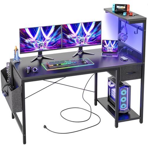 TIQLAB LEDゲーミングデスク 100×50cm - 電源コンセント付き パソコンデスク 大型収納棚 引き出し付き 多機能デスク サイドポケット 2つのフック付き 勉強 ゲーム 仕事 在宅勤務用