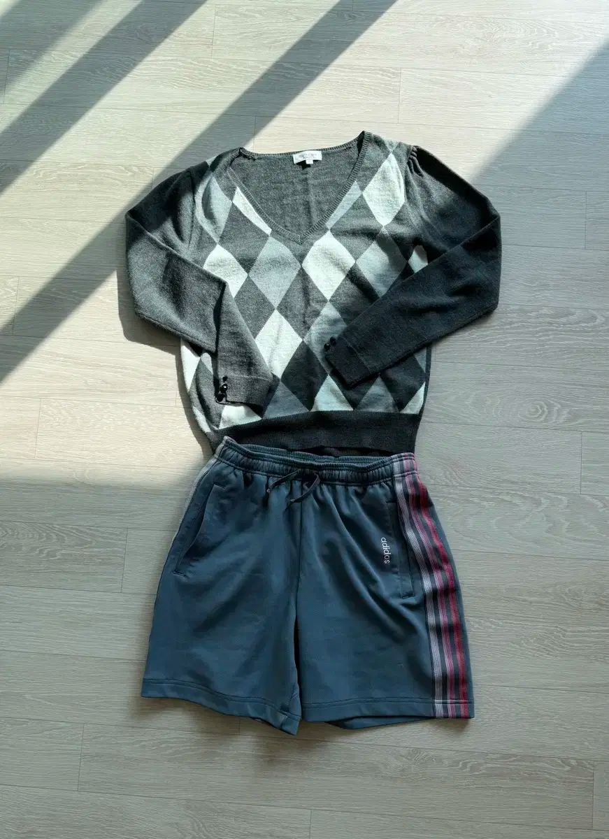 下着コーデセット ヴィンテージ adidas ハーフパンツ アーガイル ニット