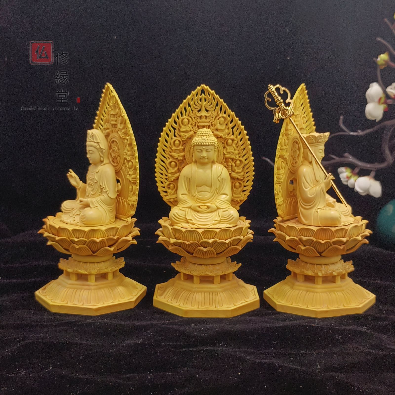 修縁堂】極上品 木彫り 仏像 娑婆三聖座像 仏教工芸品 総柘植材 精密彫刻