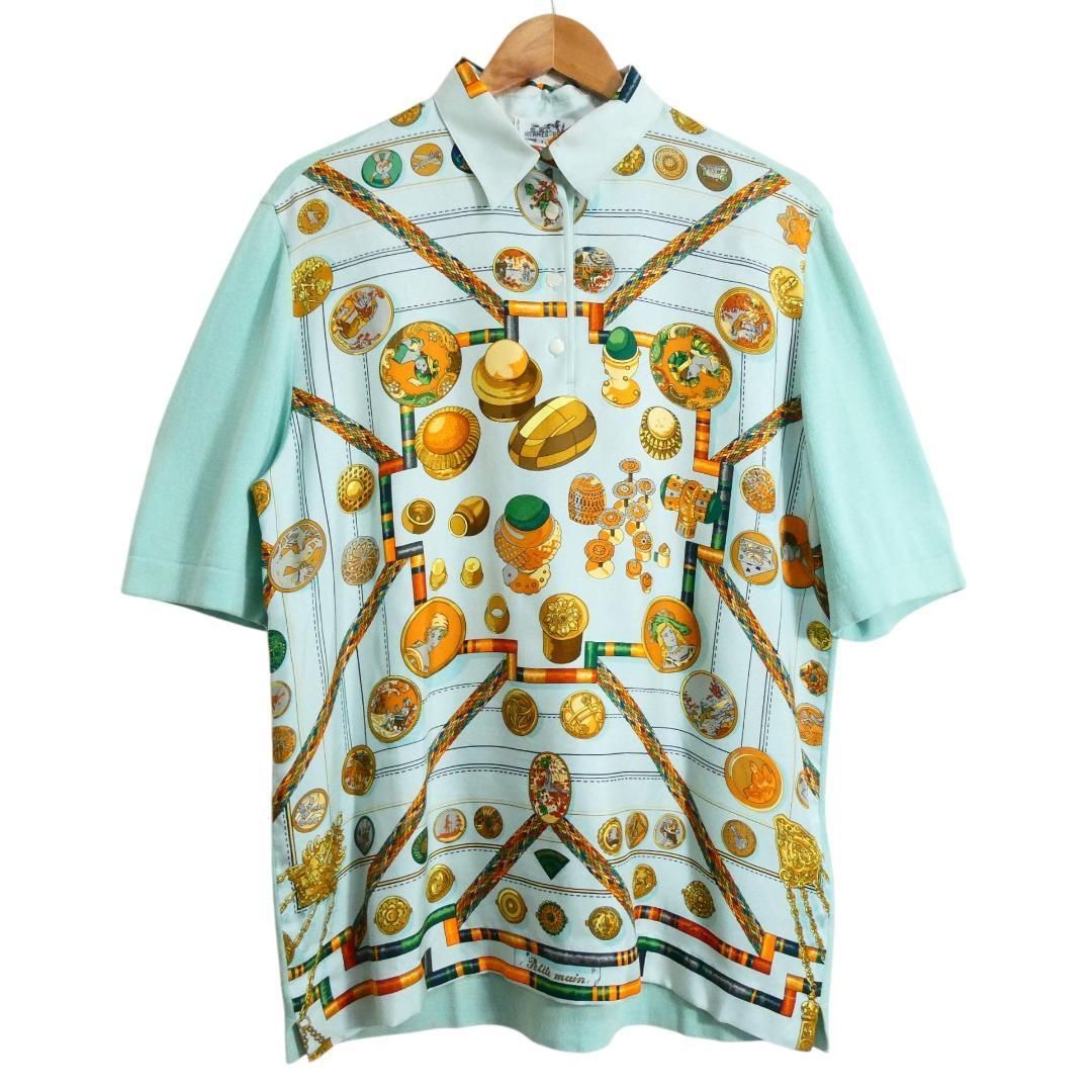 美品 HERMES エルメス サイズL シルク切り替え カシミヤ混 総柄 ハーフ