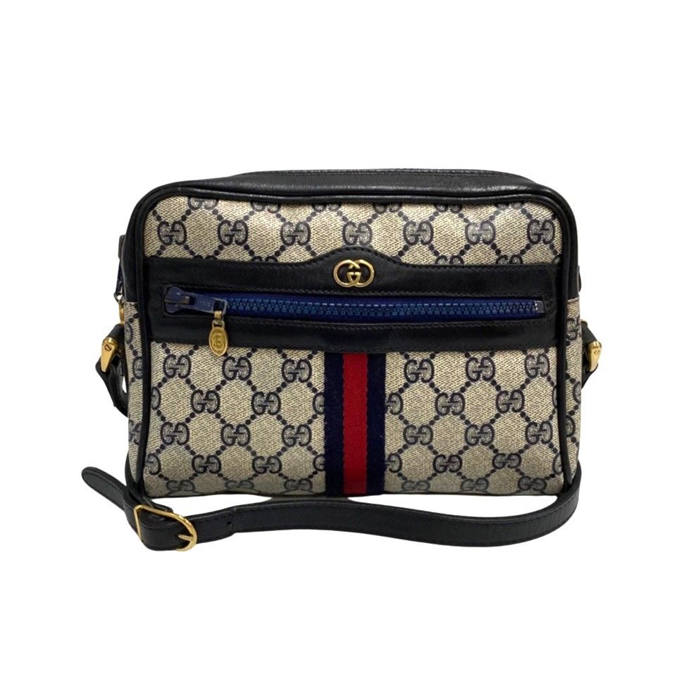 極 美品 GUCCI オールドグッチ グッチ シェリーライン GG ロゴ 柄 レザー 本革 ミニ ショルダーバッグ ポシェット ネイビー 18821