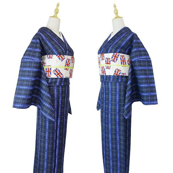 袷着物 単品】レディース きもの 小紋 黒・青・白色のチェック柄