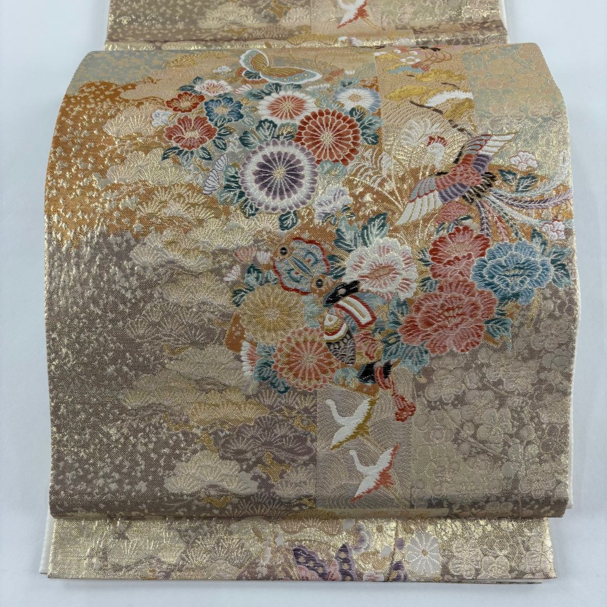 袋帯 美品 秀品 花鳥 宝尽くし 箔 刺繍 金色 六通 正絹 【中古