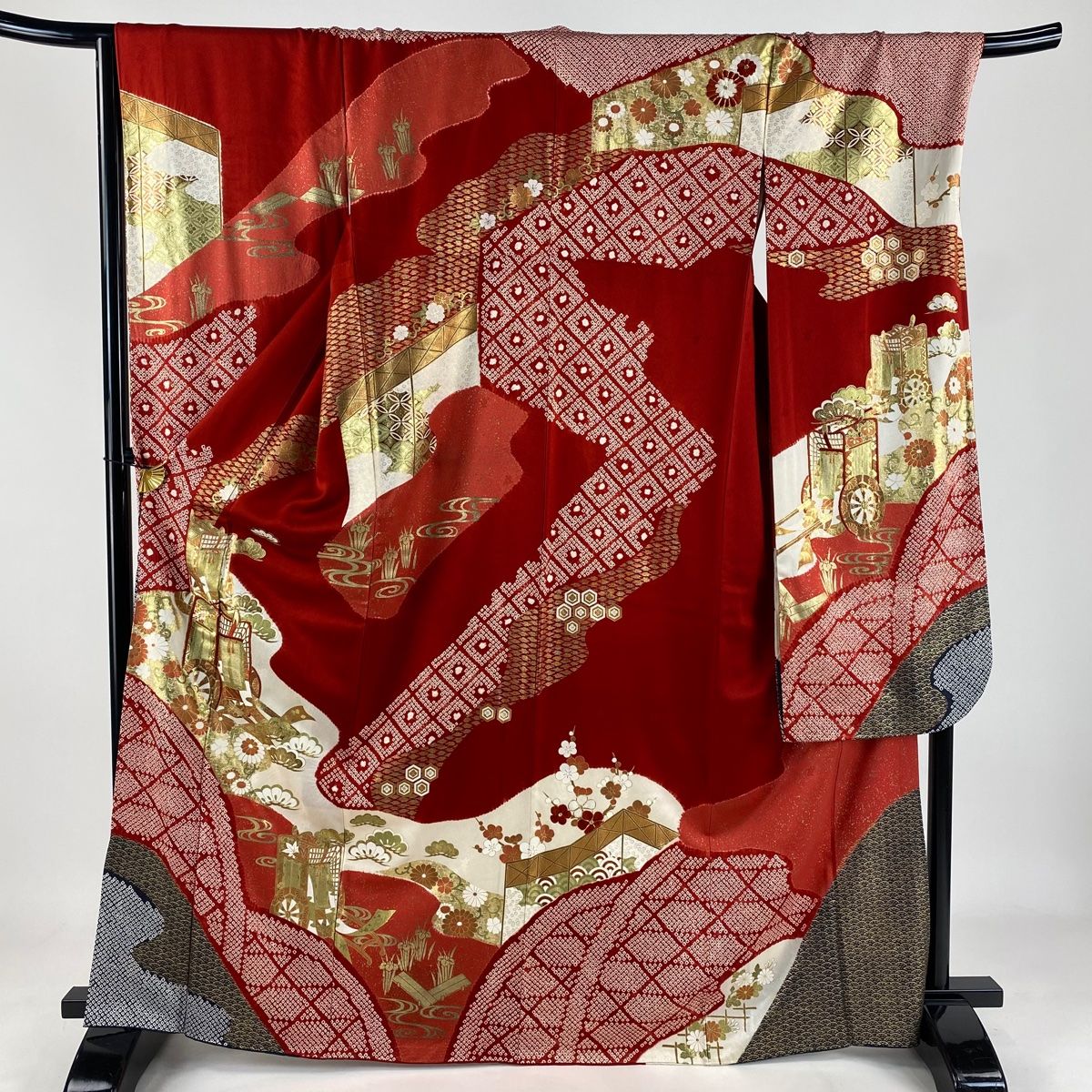 振袖 身丈162cm 裄丈65cm M 袷 扇 橘 金銀糸 金銀彩 茜色 正絹 秀品 中古