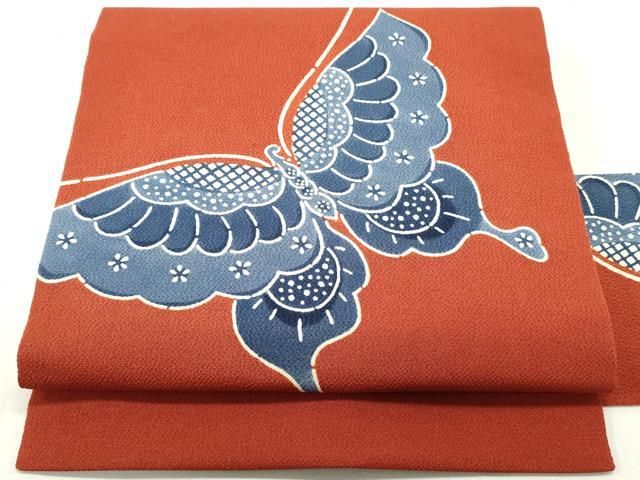 平和屋着物●和染紅型 栗山紅型 栗山吉三郎 九寸名古屋帯 舞蝶文 紅海老茶色 鬼しぼ縮緬 正絹 DAAY0137ob