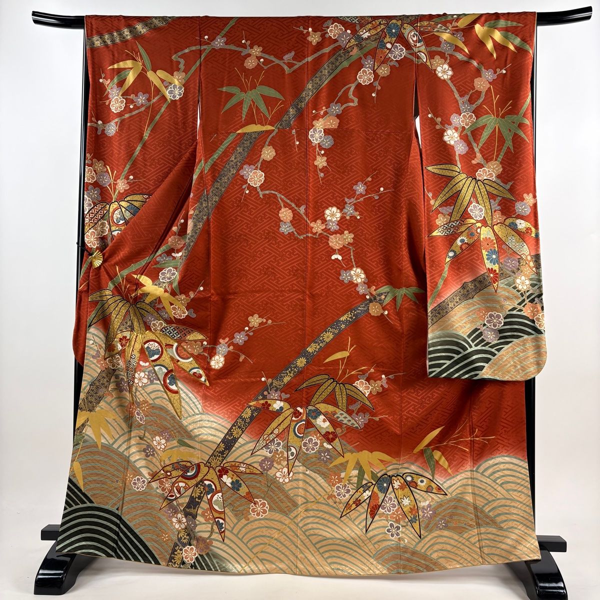 振袖 身丈167cm 裄丈66cm M 袷 笹梅 波 金糸 金彩 赤茶 正絹 美品 名品 【】