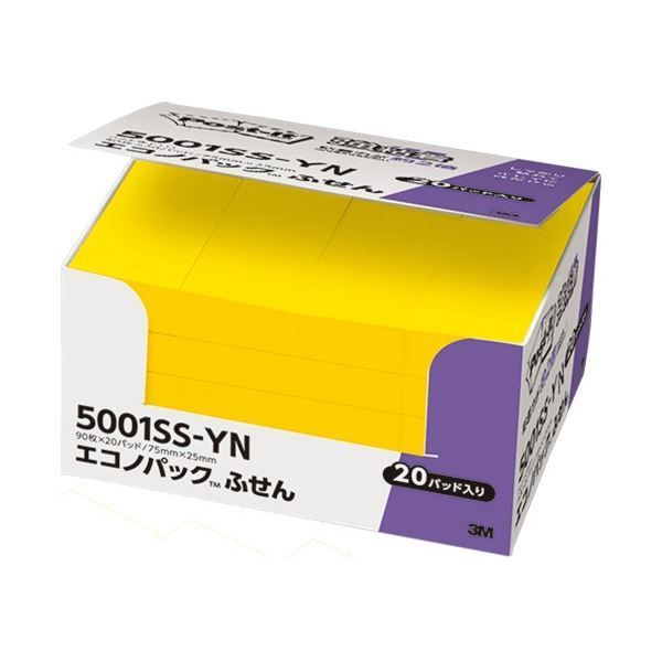 まとめ 3M ポスト イット エコノパック 強粘着ふせん 75×25mm ビビットイエロー 5001SS-YN 1パック 20冊 ×5セット
