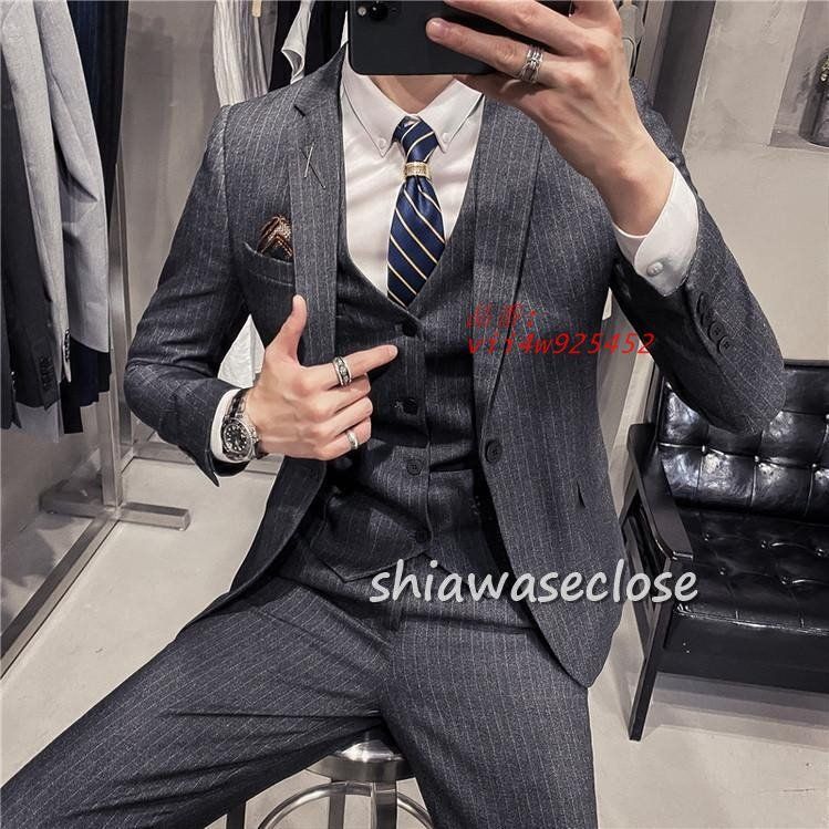 スーツメズおしゃれビジネススーツストライプカジュアルスーツ3ピーススーツフォーマルスーツスーツセットアップ洗える細身紳士服通勤結婚式