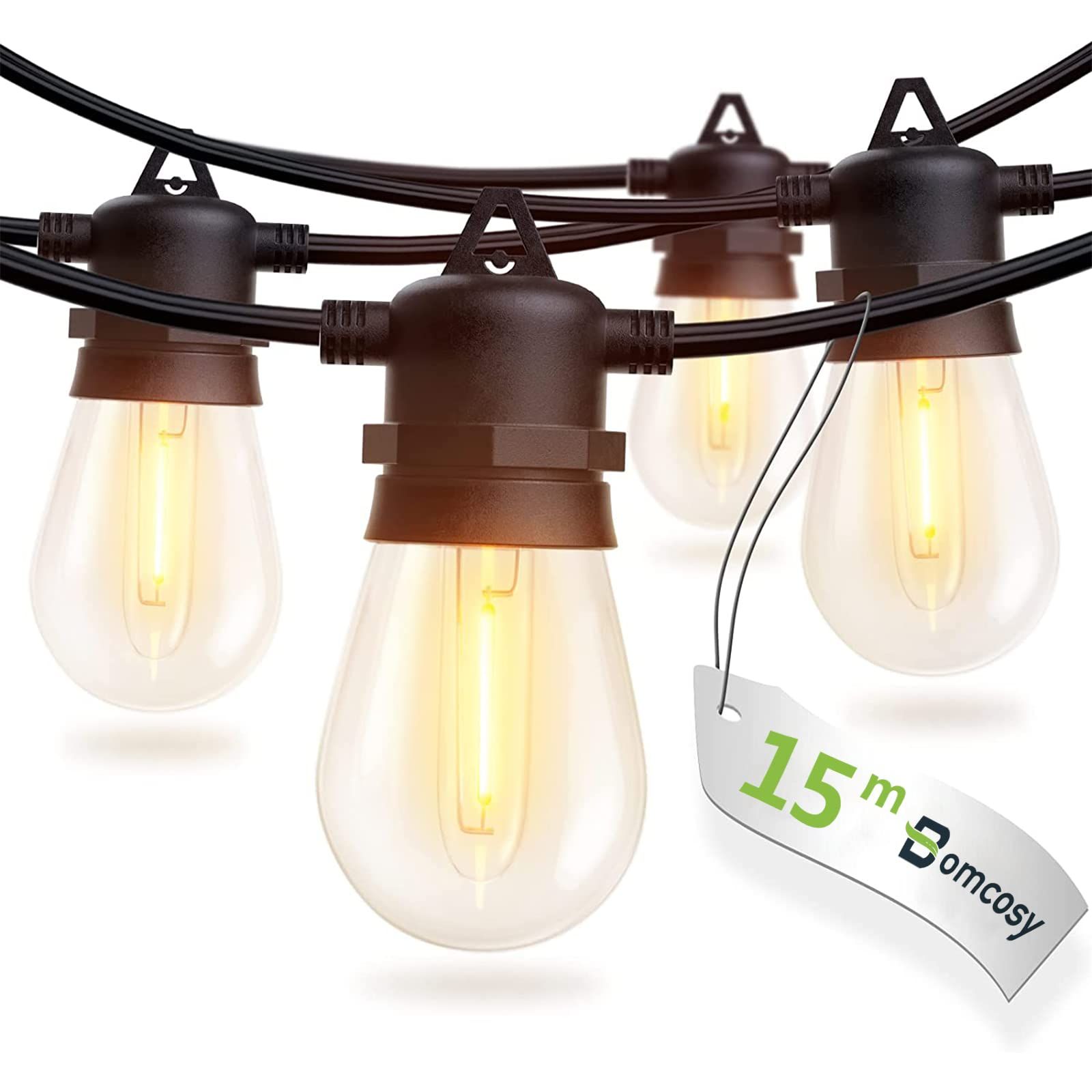 Bomcosy LEDストリングライト 15m イルミネーションライト 防雨型 LED電球15個+灯芯1個 E12ソケット*15個 PC素材 連結電球 照明 アウトドア 庭 結婚式 お祝 お祭り パーティー電飾 【製品アップグレ