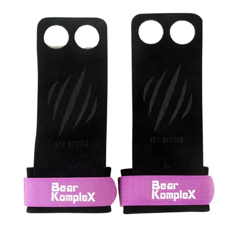 Bear KompleX 2穴レザーハンドグリップのために体操＆クロスフィット プルアップ 重量挙げ ウッズ W 手首のストラップ リッピング＆水疱からコンフォート＆サポート - 手の保護 L サイズ 紫の 0