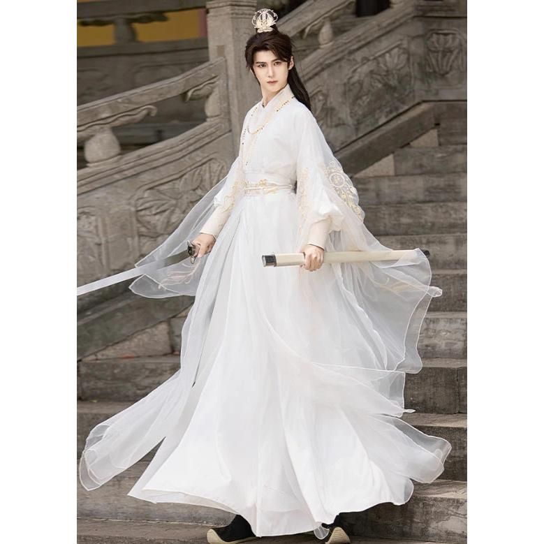 男女兼用 漢服 チャイナ服 中華コスプレ衣装 大人用 中国古代服装 交差襟 仙侠 武侠 侠客 中華時代劇 全身コスチューム 暗黒 白 金色の刺繍