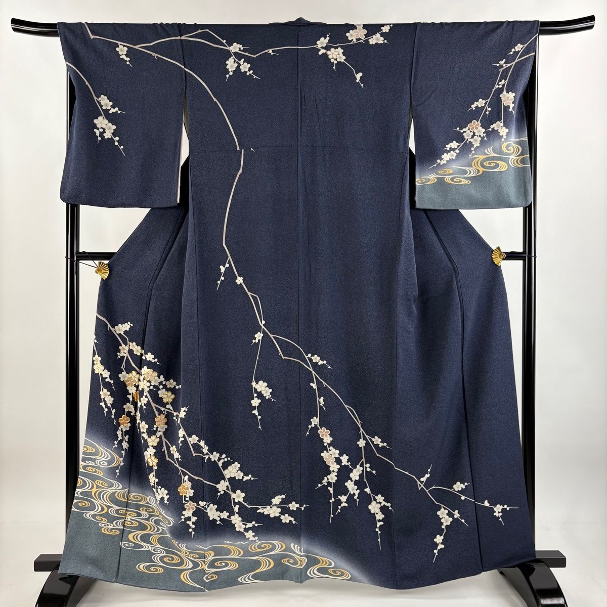 訪問着 身丈160.5cm 裄丈67.5cm L 袷 枝梅 観世水 金糸 金彩 紺色 正絹 秀品